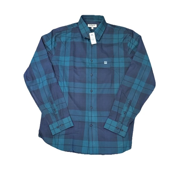 Express Slim Men's NWT L 16-16.5 Dark Green Plaid Modern Button Up Shirt - Picture 1 of 8
